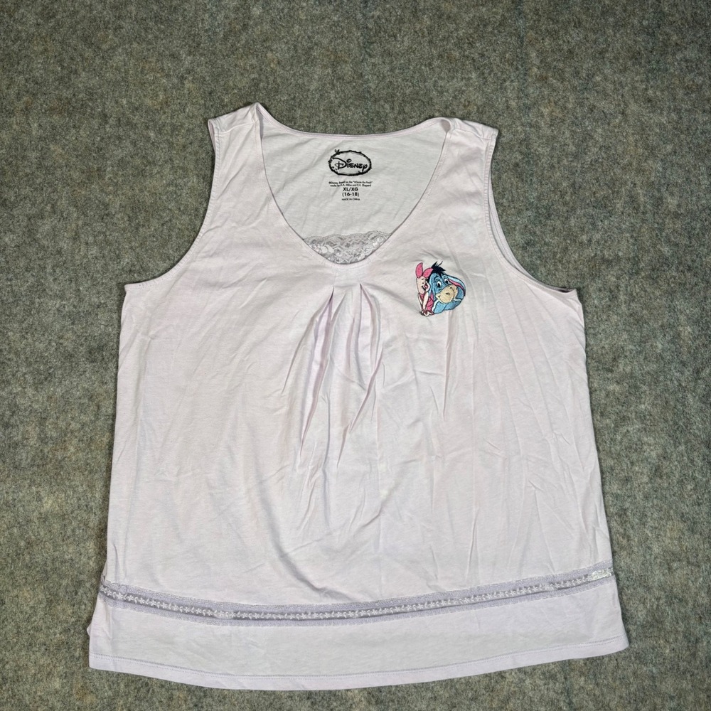 Disney Sleep Tank Top Piglet Eeyore Womens XL Pink Lace Trim Pajamas Shirt READ